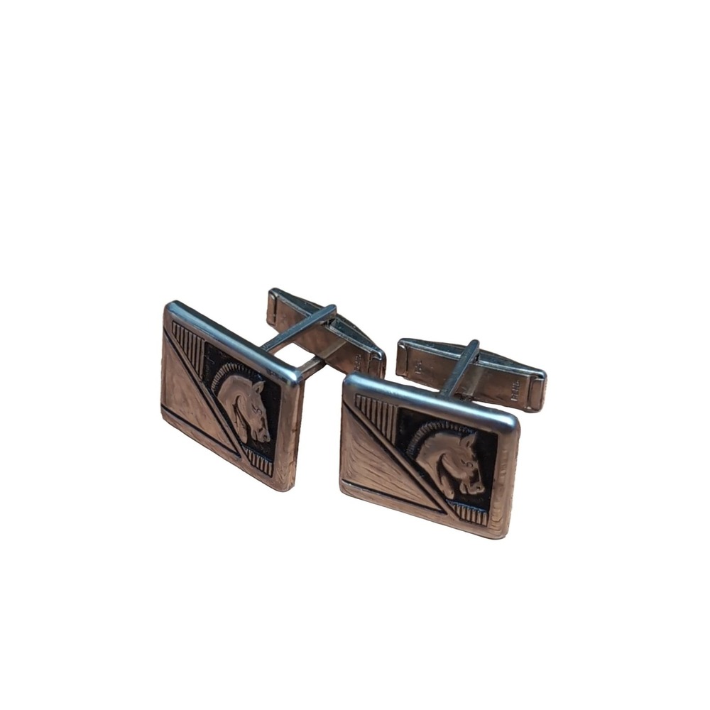 Swank Horse Head Design Cufflinks Men's Black Silver Square Vintage 7/8‎ in